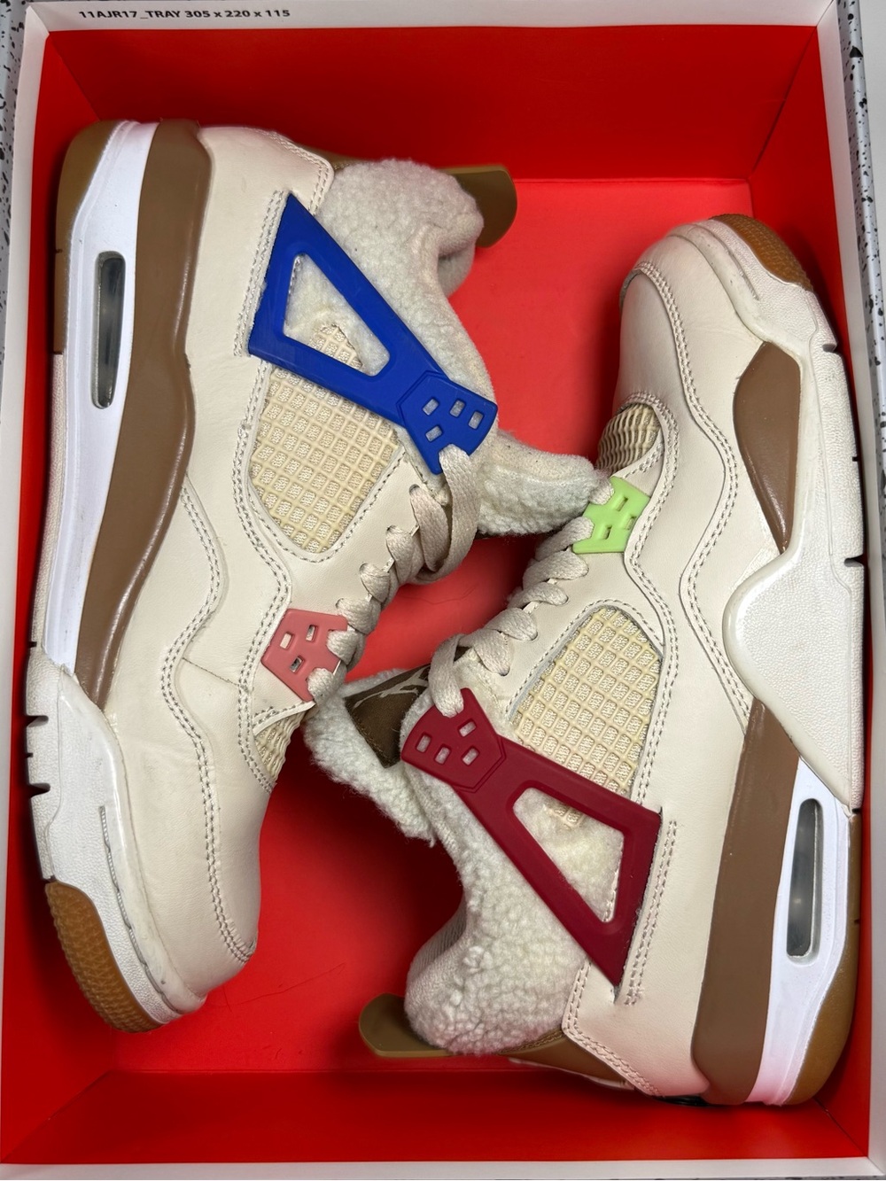 Air Jordan 4 Retro Kids Cream Shearling Sneakers with Multicolor Eyelets